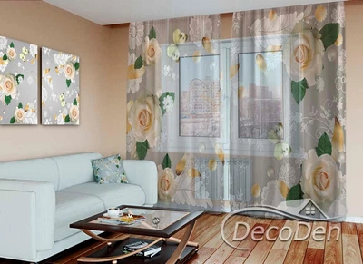 3D - Фото Тюль PHOTODECOR "Розы с бабочками"