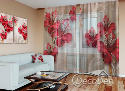 3D - Фото Тюль PHOTODECOR "3D Квіти зі стразами та перли"