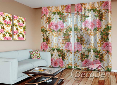 3D - Фото Тюль PHOTODECOR "Троянди та золоті віньєтки"