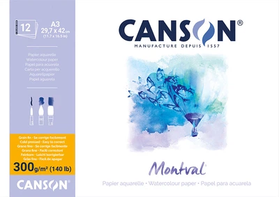 Склейка для акварели Canson Montval А3 300г/м2 12 листов натуральный белый среднее зерно (3148958073206)