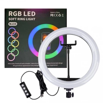 Кольцевая ЛЕД лампа RGB цветная диаметр 33 см MJ 33, Светодиодная лампа кольцо 33 см с креплением для телефона Без Штатива