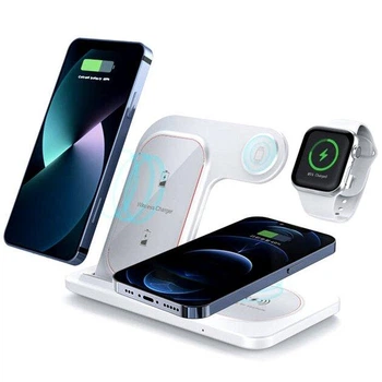 Беспроводная зарядная док-станция Magsafe 4 в 1 15 Вт с подсветкой для iPhone Apple Watch AirPods, iWatch, TWS Earbuds, белая