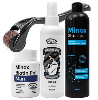 Комплекс для роста волос и бороды максимальный Minox Extra Strong Big (Шампунь 500 мл, Лосьон 200 мл, Витамины 100 таб, Мезороллер)