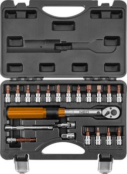 Zestaw NEO Tools klucz dynamometryczny dwukierunkowy 1/4" 5 - 25 Nm z nasadkami 21 szt. 08-821 (5907558458954)