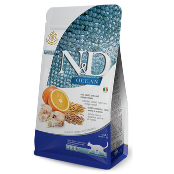 Фармін сухий корм для кішок N&D LOW GRAIN OCEAN ADULT чутливе травлення з тріскою та апельсином, 1,5 кг
