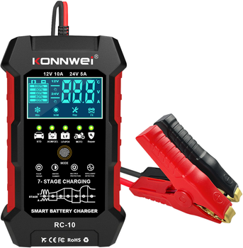 Зарядное устройство для автомобильного аккумулятора KONNWEI RC-10 2в1 быстрая зарядка + восстановление АКБ 12v 10A 24v 5A для всех видов авто мото аккумуляторов (X003QKONY1)