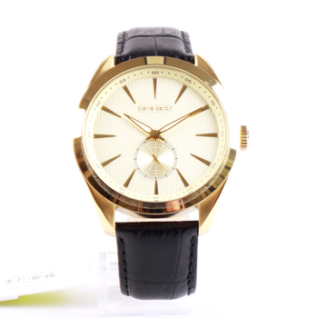 Pierre Cardin PC105851F06 - это наручные часы со золотистым циферблатом и черным ремешком.