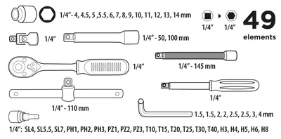 Zestaw kluczy nasadowych Top Tools 1/4" 49 szt. 38D570 (5902062043795)