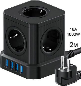 Универсальный настольный сетевой удлинитель 2 метра MADORU на 5 розеток 16А и USB для зарядки, черный