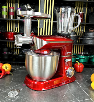 Кухонний комбайн 4 в 1 Rainberg RB-8080 4200Вт червоного кольору з функціями : Тістоміс , М'ясорубка , Блендер , Планетарний міксер