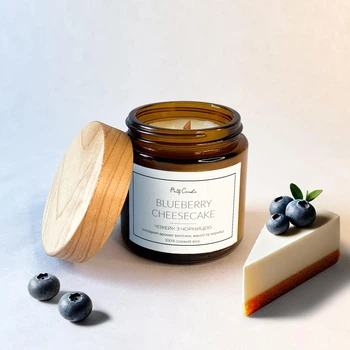 Ароматична свічка з ароматом Blueberry Cheesecake (чорничний чізкейк) 100ml в янтарній (коричневій) баночці (Nairobi wood)