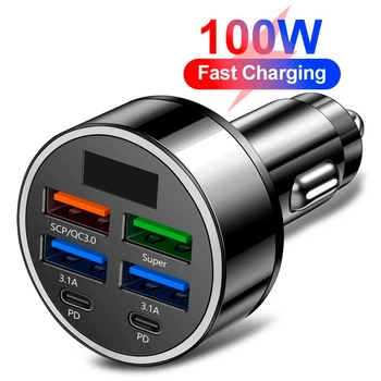 Быстрое автомобильное зарядное устройство от прикуривателя 100W 4 USB + 2 Type-C PD QC3.0 с цифровым дисплеем для ноутбуков, планшетов, смартфонов Apple iPhone, iPad, MacBook, Huawei, Honor, Xiaomi, Samsung, OPPO, Redmi, Realme 549