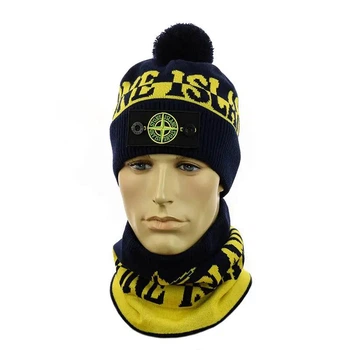 Молодежный комплект зимняя шапка с помпоном + снуд Стон Айленд (Stone Island) one-size Темно-синий с желтым