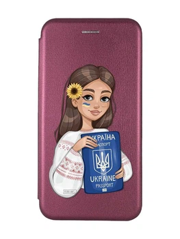Чехол книжка с рисунком для Samsung Galaxy A12 Бордовый :: Девушка с паспортом (принт 12)