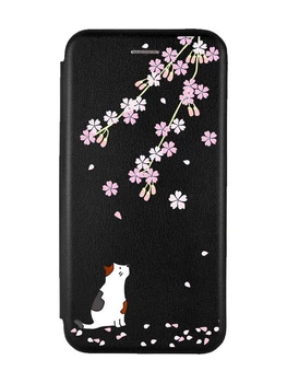 Чехол-книжка черный с рисунком на Xiaomi Redmi 14C / Poco C75 Котик и сакура (принт 283)
