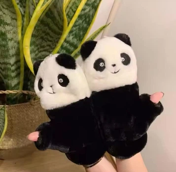 Варежки Митенки 2 в 1 теплые меховые Панда (Teddy, Тедди, медведь, мишка) Черный, Унисекс WUKE One size