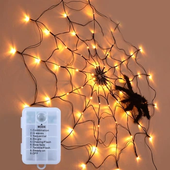 Светодиодная гирлянда на Halloween, паутина с пауком, диаметр 110 см, 70 LED, 8 режимов, на батарейках