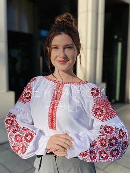 Женская вышиванка украинская "Звенислава" белая вышитая блуза на домотканом полотне 12790-50 (XL)