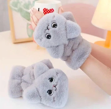 Варежки Митенки 2 в 1 теплые меховые "Кошка" (кошечка) Серый, WUKE One size