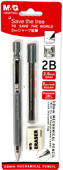 Олівець цанговий 2 мм M&G з 6-ма грифелями в тубі 2В та гумкою сірий HAMP0653сір