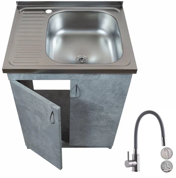 Мойка с тумбой AQUAMARIN BoxWood 600 Cement (Серый цемент)+Сифон+Гибкий смеситель