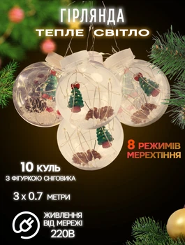 Світлодіодна гірлянда кулі прозорі 10 шт "Ялинка" A-Plus 3 метри-200 LED, світло ламп-теплий білий