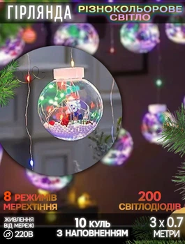 Светодиодная гирлянда штора Light 200 LED-3 метра прозрачные шары "Санта Клаус" разноцветное свечение