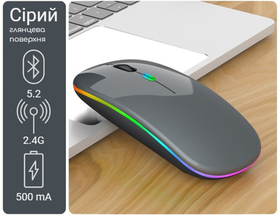 Беспроводная мышь Bluetooth 5.2/2.4Ghz USB, подсветка RGB, аккумулятор, Серый