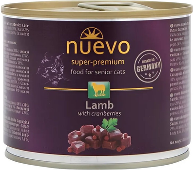 Упаковка консерв для дорослих кішок Nuevo SENIOR з ягням і журавлиною 200 г x 6 шт (4250231595721)