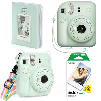 Набір камера Fujifilm Instax Mini 12, Фотопапір 20шт, Прозорий чохол, Фотоальбом 64 фото Зелений (Подарункове пакування)