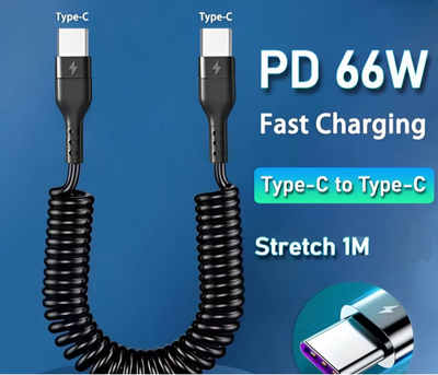 Кабель быстрой зарядки пружина для авто Type-C (USB-C) на Type-C на 1 м Черный