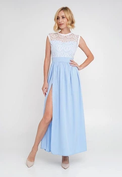 Длинное вечернее платье с кружевом на и разрезом на ноге Подіум 28005-LIGHTBLUE_WHITE S Голубой