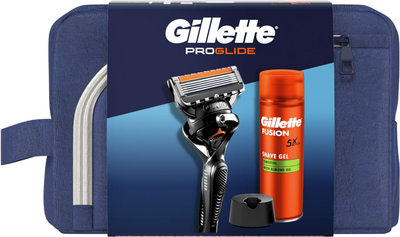 Zestaw upominkowy Gillette Maszynka do golenia dla mężczyzn ProGlide z 1 wymiennym wkładem + Żel do golenia Fusion5 200 ml + Stojak + Kosmetyczka (8700216534420)