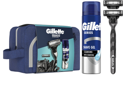 Zestaw upominkowy Gillette Mach3 Charchoal Maszynka do golenia dla mężczyzn z 2 wymiennymi wkładami + Żel do golenia 200 ml + Kosmetyczka (8700216534338)