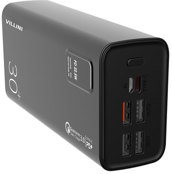 УМБ Павербанк 30000 mAh 22.5W Villini V-0026 4xUSB, PD + QC 3.0 Швидка Зарядка для Телефону Для Епл Айфон Samsung Ксяомі Роутера Планшета Портативна Батарея Зовнішній Акумулятор Чорний