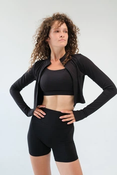 Женский комплект для спорта Soft, black (топ, шорты, кофта на застежку) - L