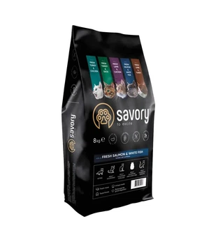 Сухой корм Savory Cat Adult Gourmand Fresh Salmon and White Fish для длинношерстных кошек с лососем и белой рыбой 8 кг (30037)