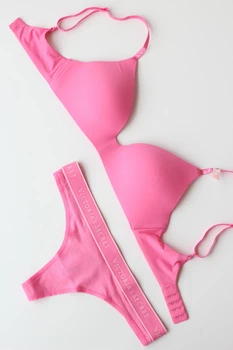 Комплект белья Victoria's Secret T-Shirt Cotton Lightly Lined Wireless Bra Pink Set размер 32С+S