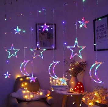 Гірлянда-бахрома на 2.5 м., 9 LED діодів (зірки та місяця), провід гнучкий прозорий, свічення Різнокольорова (8 режимів) від 220В (на ялинку, штору, вікно, стіну)