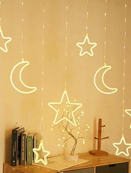 Гірлянда-бахрома на 2.5 м., 9 LED діодів (зірки та місяця), провід гнучкий прозорий, свічення Білий теплий (8 режимів) від 220В (на ялинку, штору, вікно, стіну)