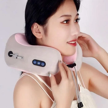 Вибромассажная дорожная подушка, тревел подушка-массажер U-Shaped Massage Pillow, массажная подушка для шеи с USB зарядкой, розовая