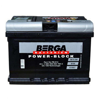 Аккумулятор автомобильный Berga Power Block 60Ah Н Ев (-/+) (540EN) (5604090547502)[89607]