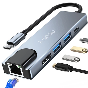 Багатопортовий USB Type-C хаб Addap MH09, розгалужувач для ноутбука 5в1: 2 x USB 3.0 / USB-C / HDMI / Ethernet 100mbps