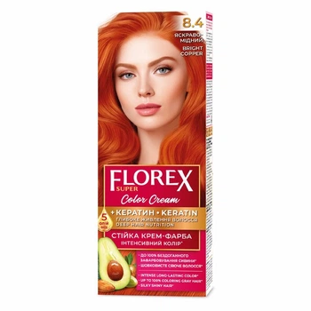 Стійка крем-фарба для волосся Florex КЕРАТИН 8.4 Яскраво-мідний, 120 мл (2362681549)