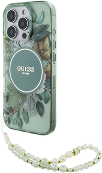 Панель Guess Hardcase IML Flowers With Pearl Strap MagSafe для Apple iPhone 16 Pro Max Green (GUHMP16XHFWBRCESN)