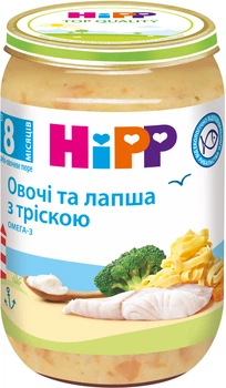 Рибно-овочеве пюре HiPP Овочі і локшина з тріскою з 8 місяців 220 г (9062300107798_1/9062300131465)