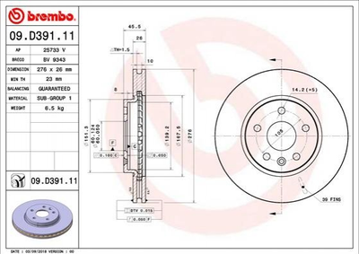 Тормозные диски BREMBO 09D39111 Opel Astra 13515906, 13597460