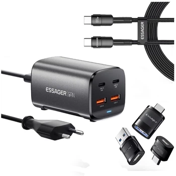 Комплект: Зарядное устройство Быстрая зарядка Essager GaN 67W PD3.0 QC4.0 +Кабель 100W +3 Переходника