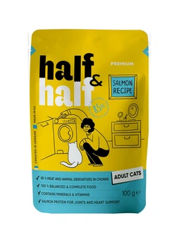 Корм влажный Half&Half для взрослых кошек, кусочки с лососем в желе в форме пауча 22 шт х 100 г