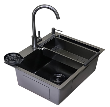 Мойка из нержавеющей стали AQUAMILL 6050 с PVD покрытием черная + смеситель + дозатор + решетка + ринзер